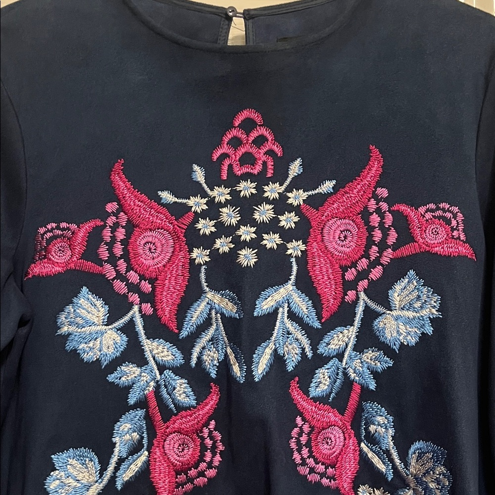 Zara Faux Suede Dark Blue Blouse with Pink and Blue Embroidery- Size Small - Picture 5 of 5